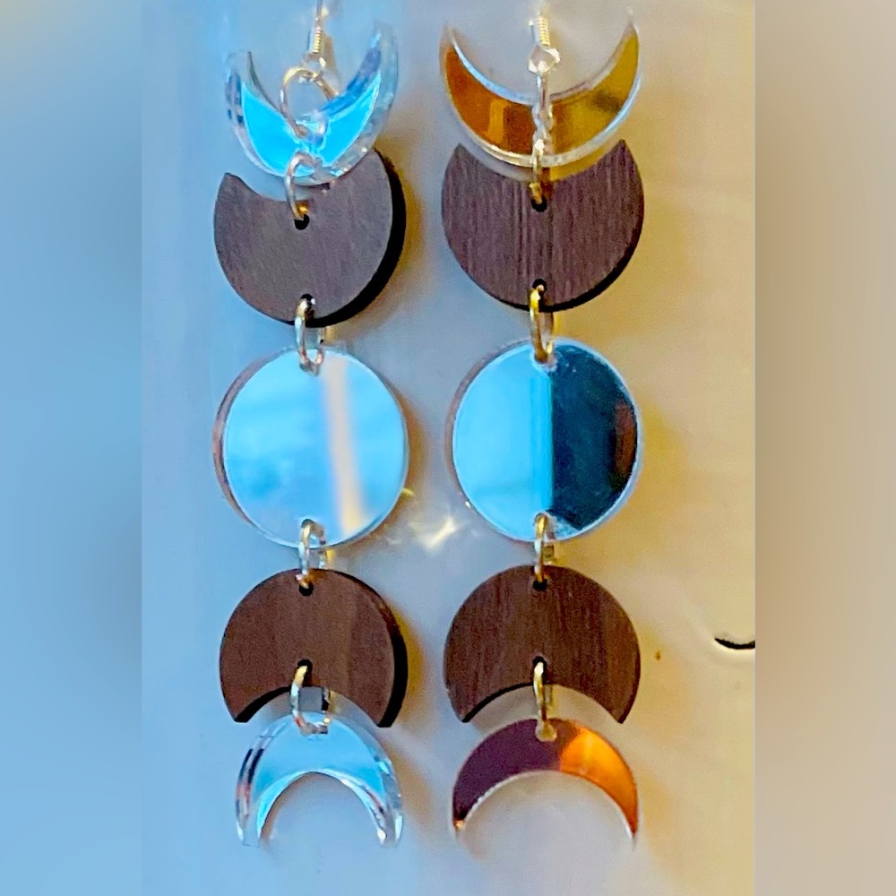 Moon dangles, wood, mirror moon phases dangles.